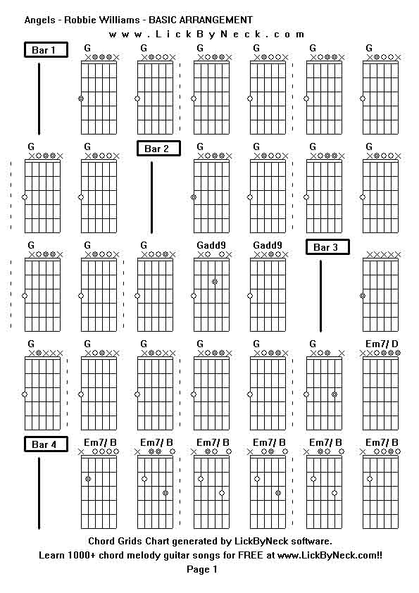 Chord Grids Chart of chord melody fingerstyle guitar song-Angels - Robbie Williams - BASIC ARRANGEMENT,generated by LickByNeck software.